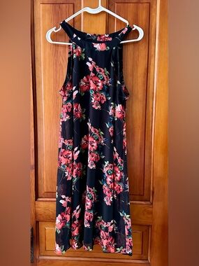 Betsey Johnson Black Floral Halter Dress with Red and Pink Flowers